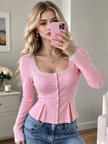 TaskSense Top elegante y versátil de encaje de punto con botones para mujer - Rosa - Ver 1
