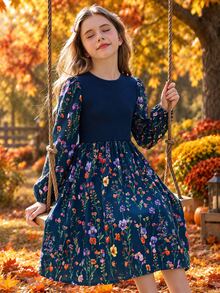 SHEIN Tween Girls Floral Ruffle Hem Dress, Navy Blue Floral Slim Fit, Elegant Cute Sweet Casual Print, Fall Pastoral School Family Matching - Multicolor - View 8