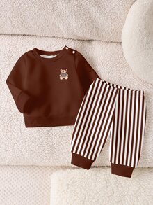Newborn Baby Cartoon Pattern Long Sleeve Top And Pants Casual Daily Outfit - Multicolor - View 3