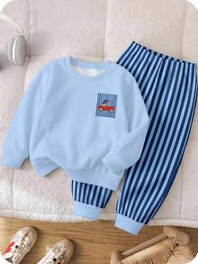 Young Boy Long Sleeve Kids Striped Casual Loose Crew Neck Autumn Sweatshirt - Multicolor - View 2
