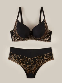 Bralution 2pcs/Set Plus Size Lingerie Set, Lift & Support Bra With Sexy Lace Patchwork Design And Matching Panty - Multicolor - View 1