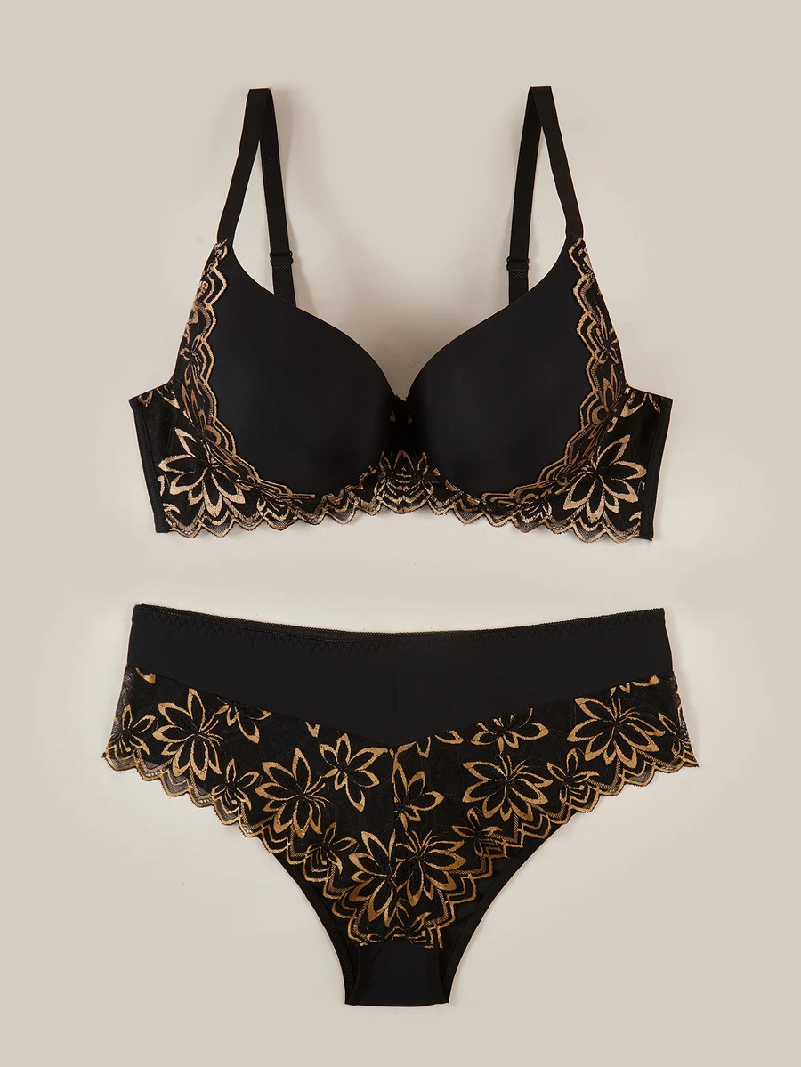 Bralution 2pcs/Set Plus Size Lingerie Set, Lift & Support Bra With Sexy Lace Patchwork Design And Matching Panty - Multicolor - View 1