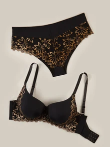 Bralution 2pcs/Set Plus Size Lingerie Set, Lift & Support Bra With Sexy Lace Patchwork Design And Matching Panty - Multicolor - View 3