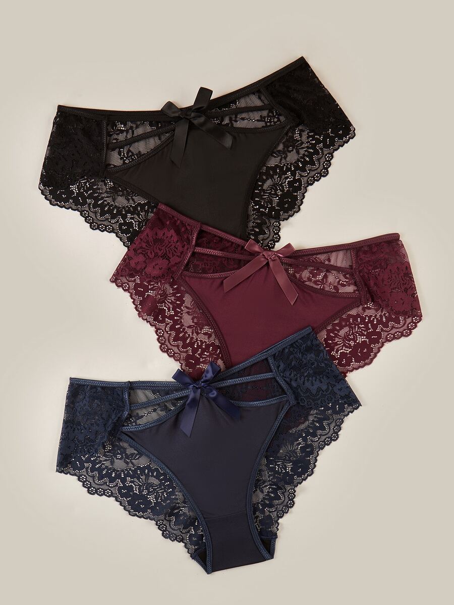 Bralution 3pcs/Pack Plus Size Lace Patchwork Panties Set - Multicolor - View 1