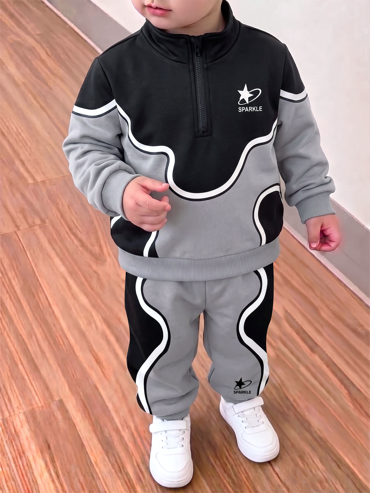 2pcs Young Boys Sweatshirt Set White Colorblock Wavy Star Long Sleeve 1/4 Zip Loose Back To School Autumn Vintage Versatile Birthday Ring Bearer - Multicolor - View 3