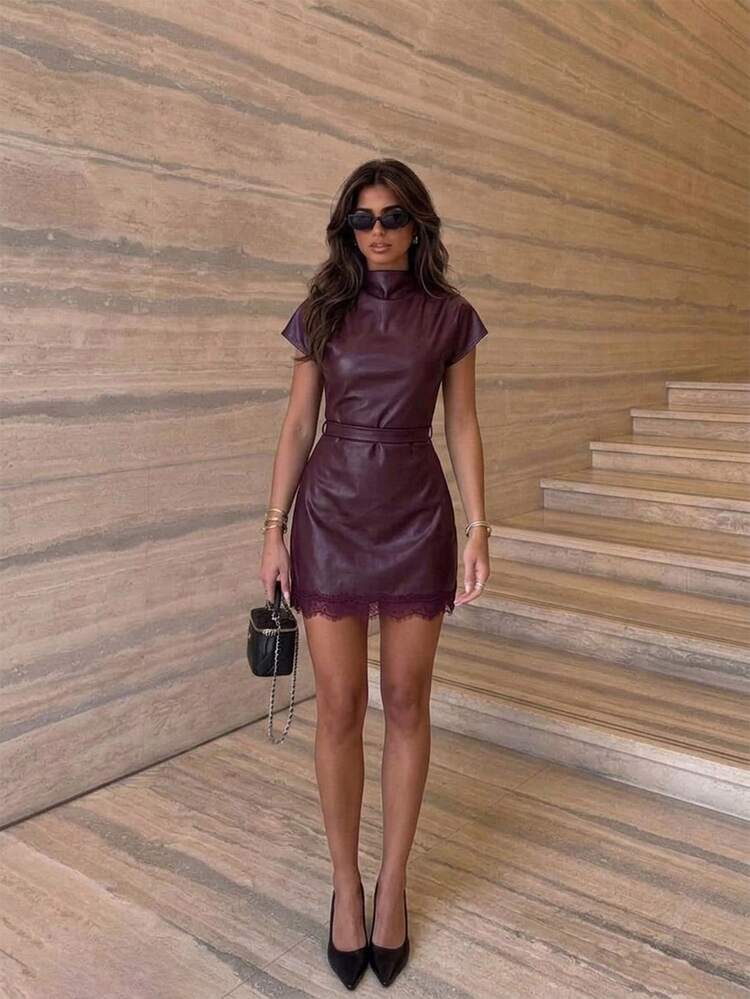 Firerie Women's Solid Color PU Leather Fitted Fashion Mini Dress,Outfit For Women,Christmas Party Dress - Burgundy - View 2