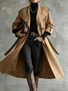Omancia Ladies' Fall Camel Casual Elegant Commuter Office Collared Long Loose Trench Coat Thanksgiving - Khaki - View 4