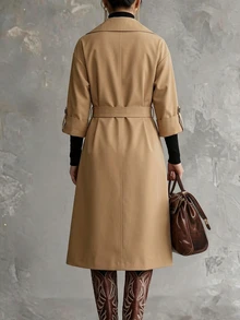 Omancia Ladies' Fall Camel Casual Elegant Commuter Office Collared Long Loose Trench Coat Thanksgiving - Khaki - View 2