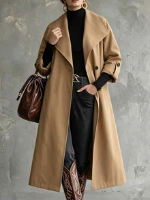 Omancia Ladies' Fall Camel Casual Elegant Commuter Office Collared Long Loose Trench Coat Thanksgiving - Khaki - View 3