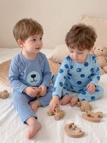 4pcs Baby Boy Comfortable Soft Grey Blue Striped Teddy Bear All-Over Print 3D Ear Decor Round Neck Long Sleeve Pants Pajama Set - Blue - View 9