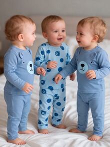 4pcs Baby Boy Comfortable Soft Grey Blue Striped Teddy Bear All-Over Print 3D Ear Decor Round Neck Long Sleeve Pants Pajama Set - Blue - View 10