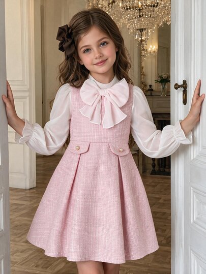 SHEIN Young Girls Pink Textured Long Sleeve Dress, Sweet And Elegant, Bowknot Neckline Design, White Long Sleeve Elaborate Workmanship, Princess Dress, Formal Dress, Suitable For Party, Gathering, Ball, Formal Occasion, Christmas, Halloween, New Year, New Year's Eve Party, Elegant Style, Elegant Playful And Cute, Autumn/Winter