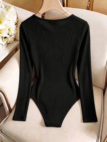 SHEIN Franclia Women's Elegant Mesh Patchwork Long Sleeve Inner Bodysuits Elegant Innerwear Inner Shirt, Suitable For Dating, Gathering, Party, Daily Commute Occasions - Black - View 3