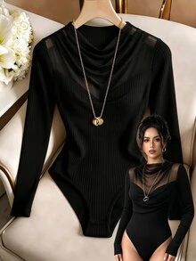 SHEIN Franclia Women's Elegant Mesh Patchwork Long Sleeve Inner Bodysuits Elegant Innerwear Inner Shirt, Suitable For Dating, Gathering, Party, Daily Commute Occasions - Black - View 1