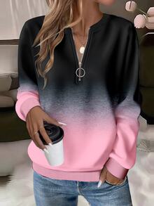 EMERY ROSE Plus Size Women Black Casual Textured Striped Zip-Up Crew Neck Sweatshirt,Fall Winter Smart Casual Long Sleeve Pullover Tops For Vacation Minimalist - Multicolor - View 3