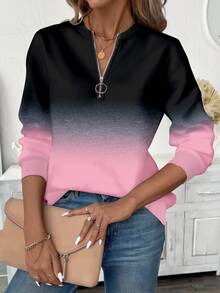 EMERY ROSE Plus Size Women Black Casual Textured Striped Zip-Up Crew Neck Sweatshirt,Fall Winter Smart Casual Long Sleeve Pullover Tops For Vacation Minimalist - Multicolor - View 4