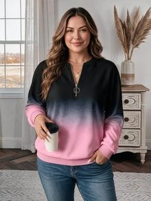 EMERY ROSE Plus Size Women Black Casual Textured Striped Zip-Up Crew Neck Sweatshirt,Fall Winter Smart Casual Long Sleeve Pullover Tops For Vacation Minimalist - Multicolor - View 1