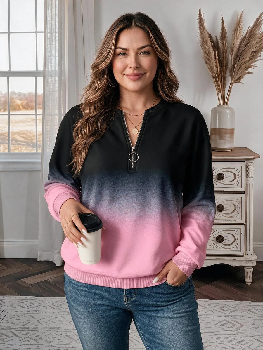 EMERY ROSE Plus Size Women Black Casual Textured Striped Zip-Up Crew Neck Sweatshirt,Fall Winter Smart Casual Long Sleeve Pullover Tops For Vacation Minimalist - Multicolor - View 1
