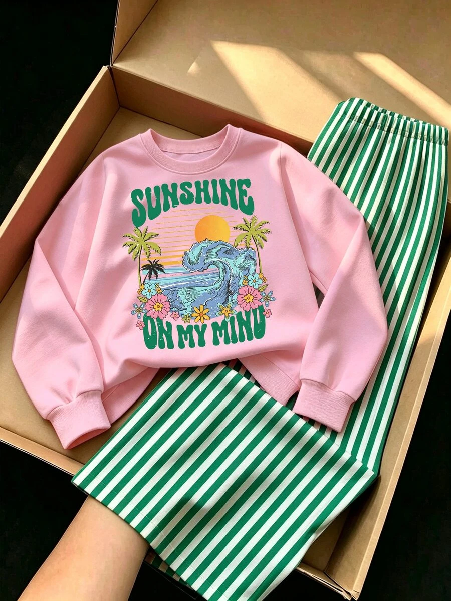 Young Girls Casual Fresh Wave Sunset Coconut Tree Cartoon Pattern Crew Neck Sweatshirt & Thin Green White Vertical Striped Wide Leg Pants Set, Fall Outfits - Multicolor - View 1