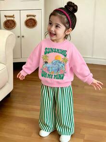Young Girls Casual Fresh Wave Sunset Coconut Tree Cartoon Pattern Crew Neck Sweatshirt & Thin Green White Vertical Striped Wide Leg Pants Set, Fall Outfits - Multicolor - View 5