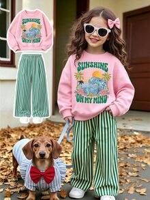 Young Girls Casual Fresh Wave Sunset Coconut Tree Cartoon Pattern Crew Neck Sweatshirt & Thin Green White Vertical Striped Wide Leg Pants Set, Fall Outfits - Multicolor - View 6