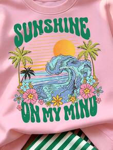 Young Girls Casual Fresh Wave Sunset Coconut Tree Cartoon Pattern Crew Neck Sweatshirt & Thin Green White Vertical Striped Wide Leg Pants Set, Fall Outfits - Multicolor - View 7
