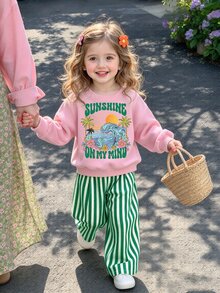 Young Girls Casual Fresh Wave Sunset Coconut Tree Cartoon Pattern Crew Neck Sweatshirt & Thin Green White Vertical Striped Wide Leg Pants Set, Fall Outfits - Multicolor - View 4