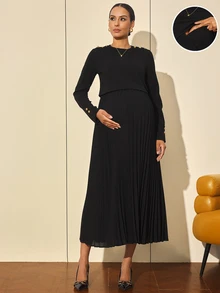 MaterniWear فستان أمومة للرضاعة وظيفي مطوي بطراز عتيق - الأسود - مشاهدة 8