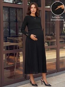 MaterniWear فستان أمومة للرضاعة وظيفي مطوي بطراز عتيق - الأسود - مشاهدة 2