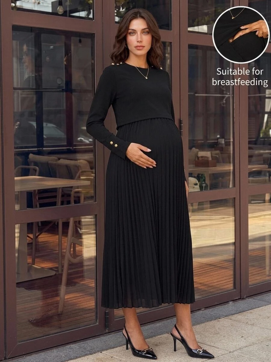 MaterniWear Maternity Nursing Functional Pleated Vintage Dress - Black - View 1