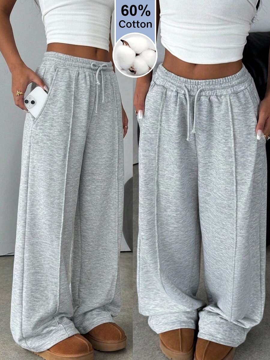 SHEIN Teen Girl Solid Color Waist Tie Pocket Casual Sweatpants Winter - Light Grey - View 1