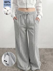 SHEIN Teen Girl Solid Color Waist Tie Pocket Casual Sweatpants - Light Grey - View 1