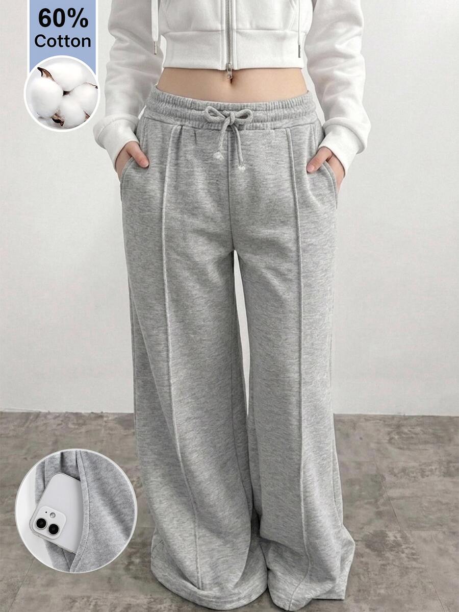 SHEIN Teen Girl Solid Color Waist Tie Pocket Casual Sweatpants - Light Grey - View 1