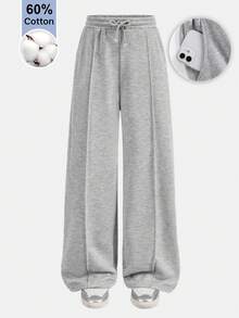 SHEIN Teen Girl Solid Color Waist Tie Pocket Casual Sweatpants - Light Grey - View 3