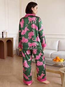 Chillnights Young Leopard Print Satin Plus Size Pajama Set - Multicolor - View 3