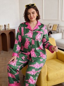 Chillnights Young Leopard Print Satin Plus Size Pajama Set - Multicolor - View 2