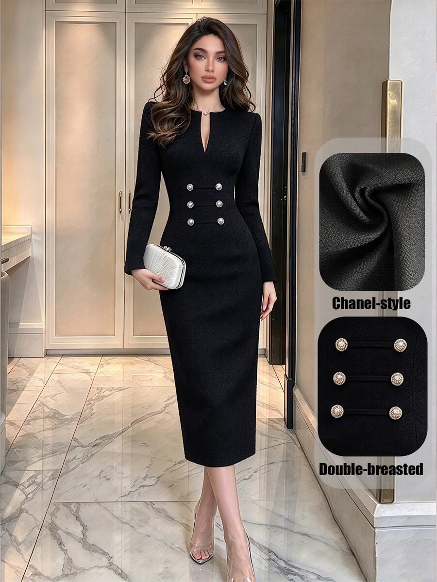 Modelyn 女款純色缺口V領長袖腰部鈕扣設計修身優雅洋裝 - 黑色 - 查看 1