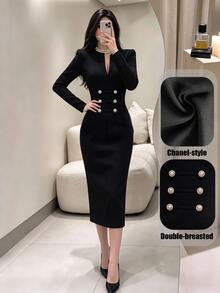 Modelyn Women's Solid Color Notched V-Neck Long Sleeve Waist Button Design Fitted Elegant Dress - Black - View 1