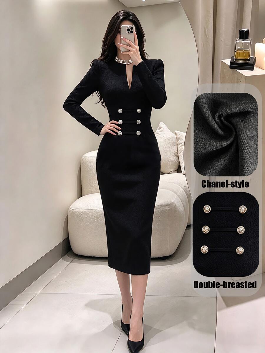 Modelyn Women's Solid Color Notched V-Neck Long Sleeve Waist Button Design Fitted Elegant Dress - Black - View 1