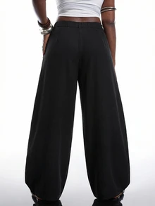 SHEIN EZwear 復古優雅休閒街頭風黑色弧形下擺大碼寬鬆長褲，秋冬寬鬆辦公商務正裝褲 - 黑色 - 查看 2