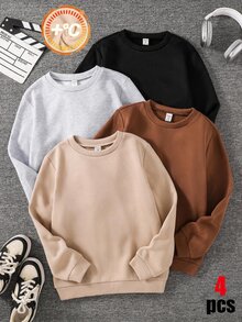 SHEIN 4pcs Tween Boy Casual Sports College Style Solid Color Long Sleeve Sweatshirts - Multicolor - View 3