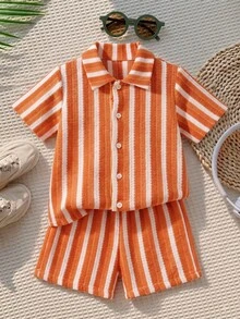 SHEIN 男孩白色紋理針織襯衫與短褲2件套，海灘夏季款 - 橘色 - 查看 2