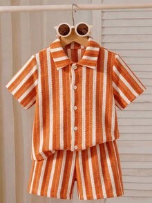 SHEIN 男孩白色紋理針織襯衫與短褲2件套，海灘夏季款 - 橘色 - 查看 4