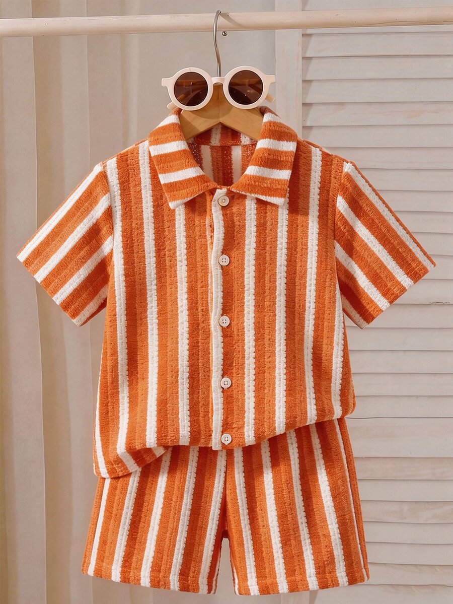 SHEIN Boys' Textured White Knit Shirt And Shorts 2 Pieces Set Beach Summer - Orange - View 1
