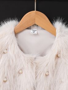 SHEIN 少女毛茸茸珍珠裝飾外套，適合休閒、時尚且優雅的日常穿著，秋冬毛皮夾克 - 杏色 - 查看 6