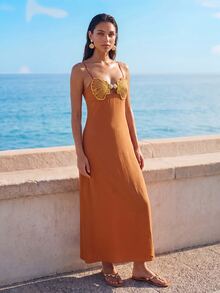 CAJUNI Women's Embroidered Beach Metal Shell Decor Spaghetti Strap Dress - Rust Brown - View 5