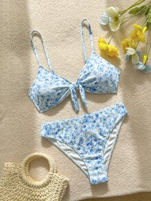 Swim Vcay 女款泳衣套裝，隨機碎花，可調節肩帶，比基尼兩件式，蝴蝶結裝飾，高腰，海灘與度假休閒泳衣 - 藍白色 - 查看 2