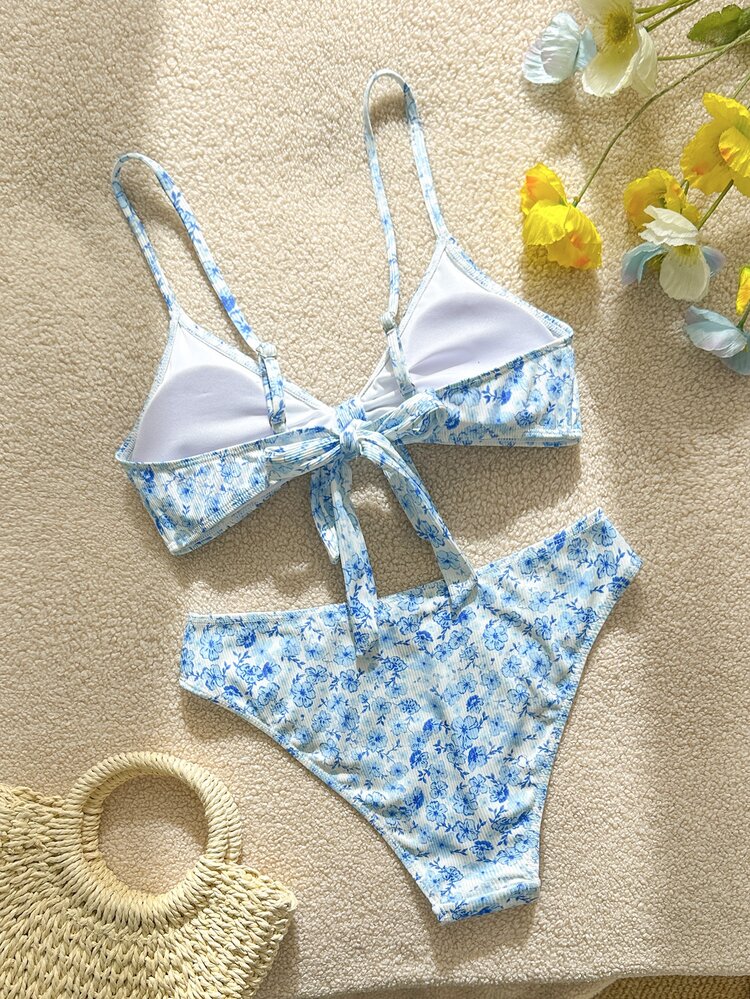 Swim Vcay Women's Swimwear Set, Random Ditsy Floral, Adjustable Straps, Bikini 2-Piece, Bow Decor, High Waist, Beach & Resort Casual Swimwear - Blue and White - View 5