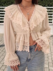 GalTyme Plus Size Women's Patchwork Ruffle Front Tie Fashion Chiffon Blouse Fall Brunch Date Night Formal White Romantic Elegant - Apricot - View 6