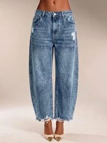 SHEIN Tall 女款休閒百搭日常旅行牛仔褲，附口袋與鈕扣設計 - 中等水洗藍 - 查看 5